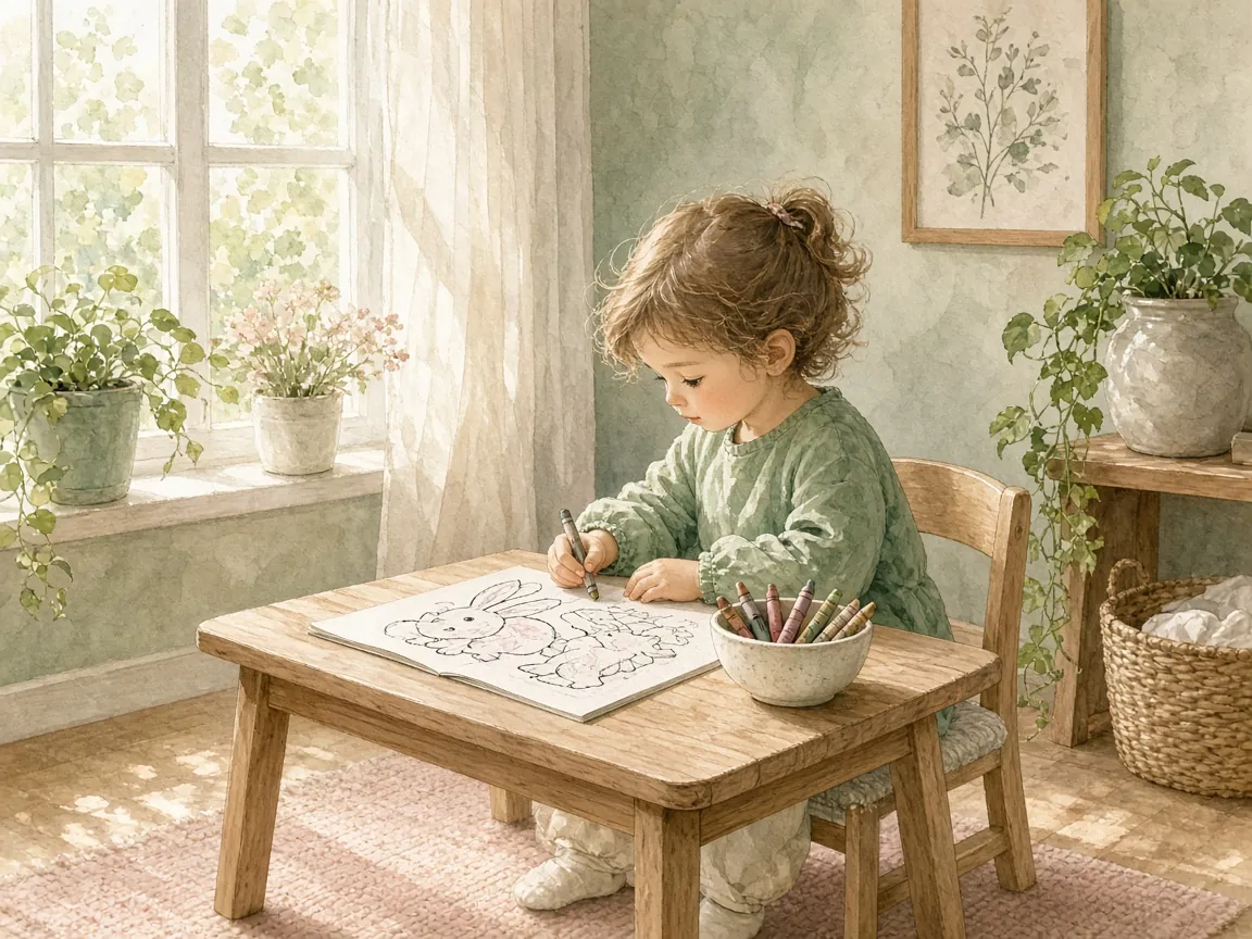 Cartoon illustration: a three-year-old quietly coloring animal pictures at a small wooden table by a sunny window with a bowl of crayons