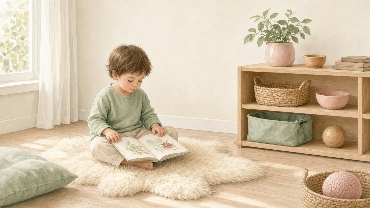 Cartoon illustration: a three-year-old sitting on a sheepskin rug in a calm, sunlit playroom looking at a picture book beside a low wooden shelf