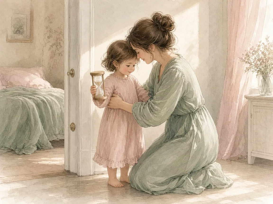 Cartoon illustration: A mother kneels to hug her three-year-old in a bedroom doorway as the child holds a small sand timer for quiet time