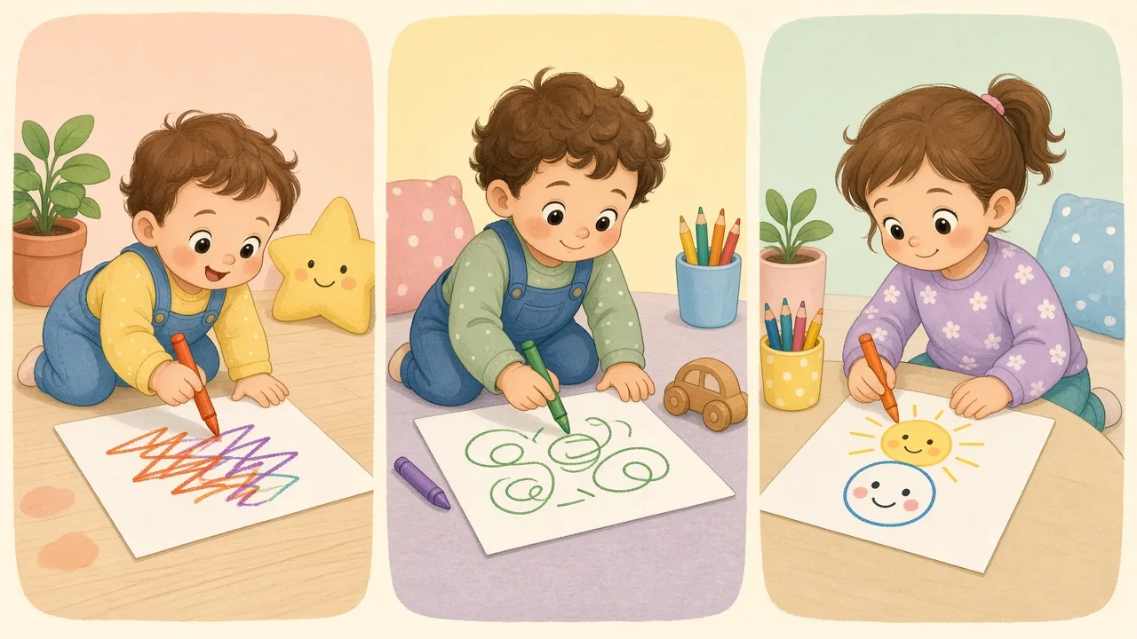 Cartoon of three stages of early drawing: a toddler making zigzag scribbles, an older toddler making loops, and a preschooler drawing a circle face and sun